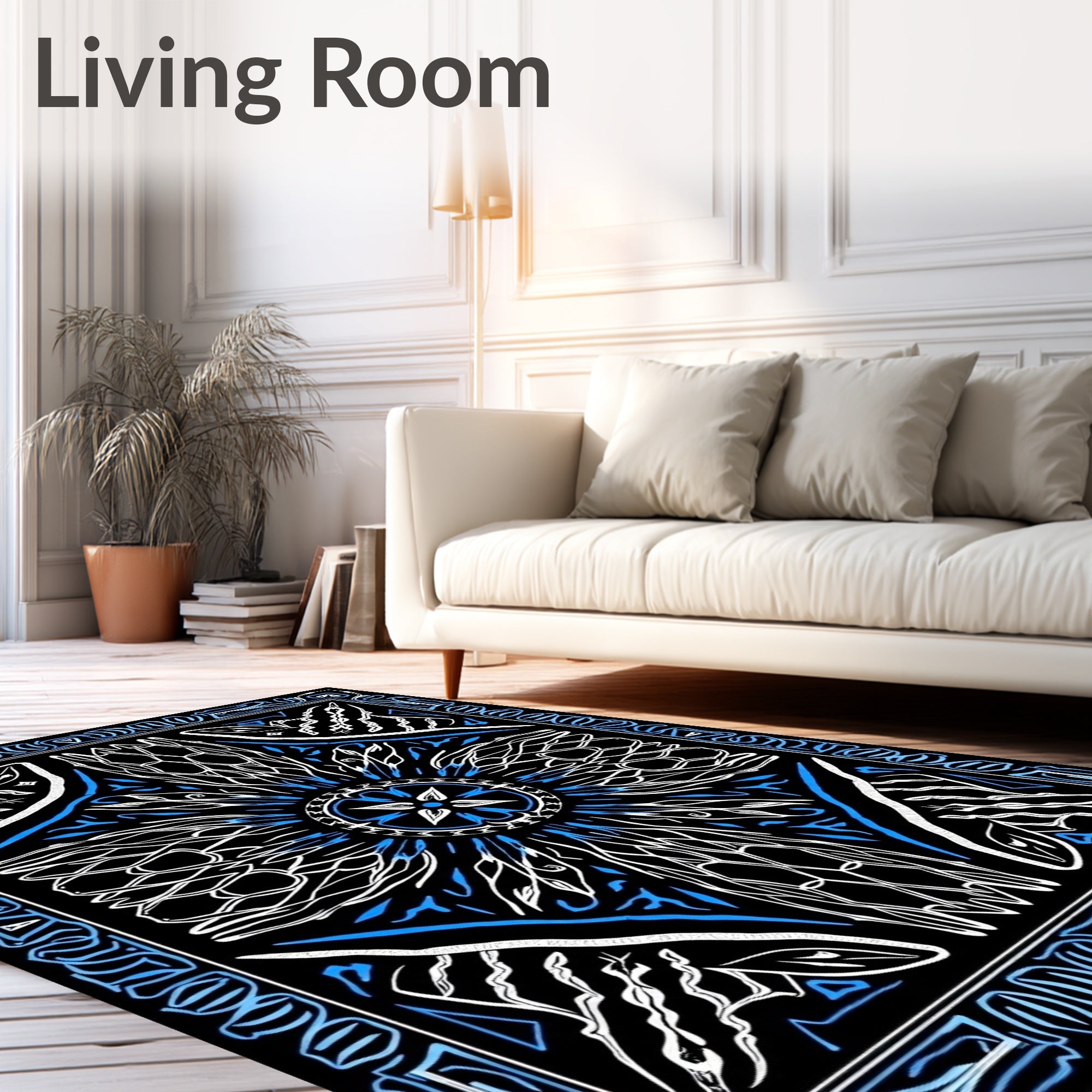 Bold Blue Abstract Sunburst Mandala Rug