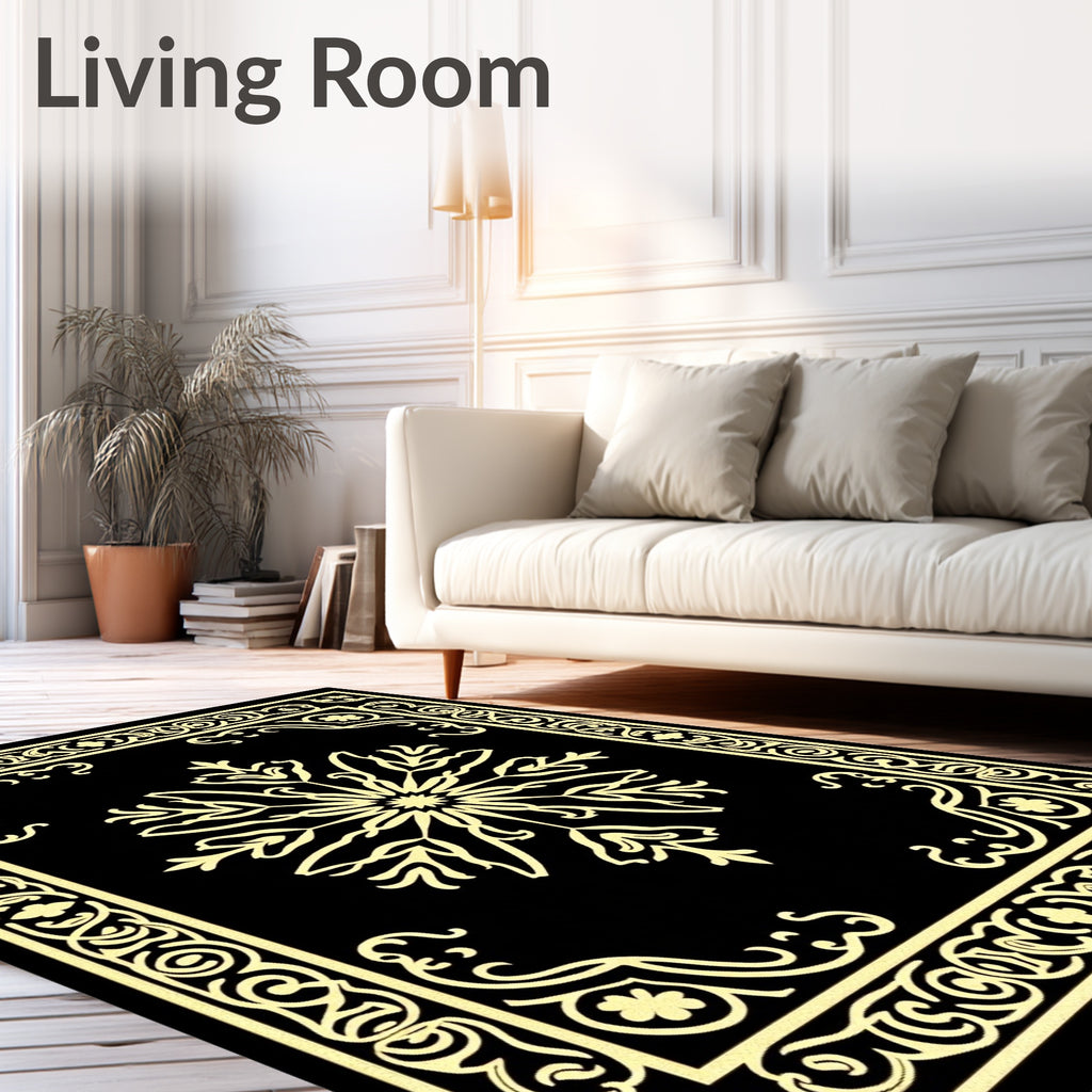 Golden Ivory Floral Medallion Black Rug