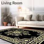 Golden Ivory Floral Medallion Black Rug
