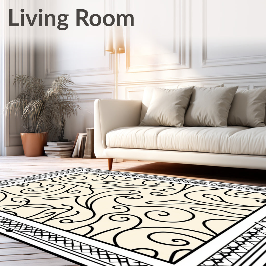 Cream Black Swirl Leaf Scroll Frame Rug