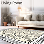 Cream Black Swirl Leaf Scroll Frame Rug