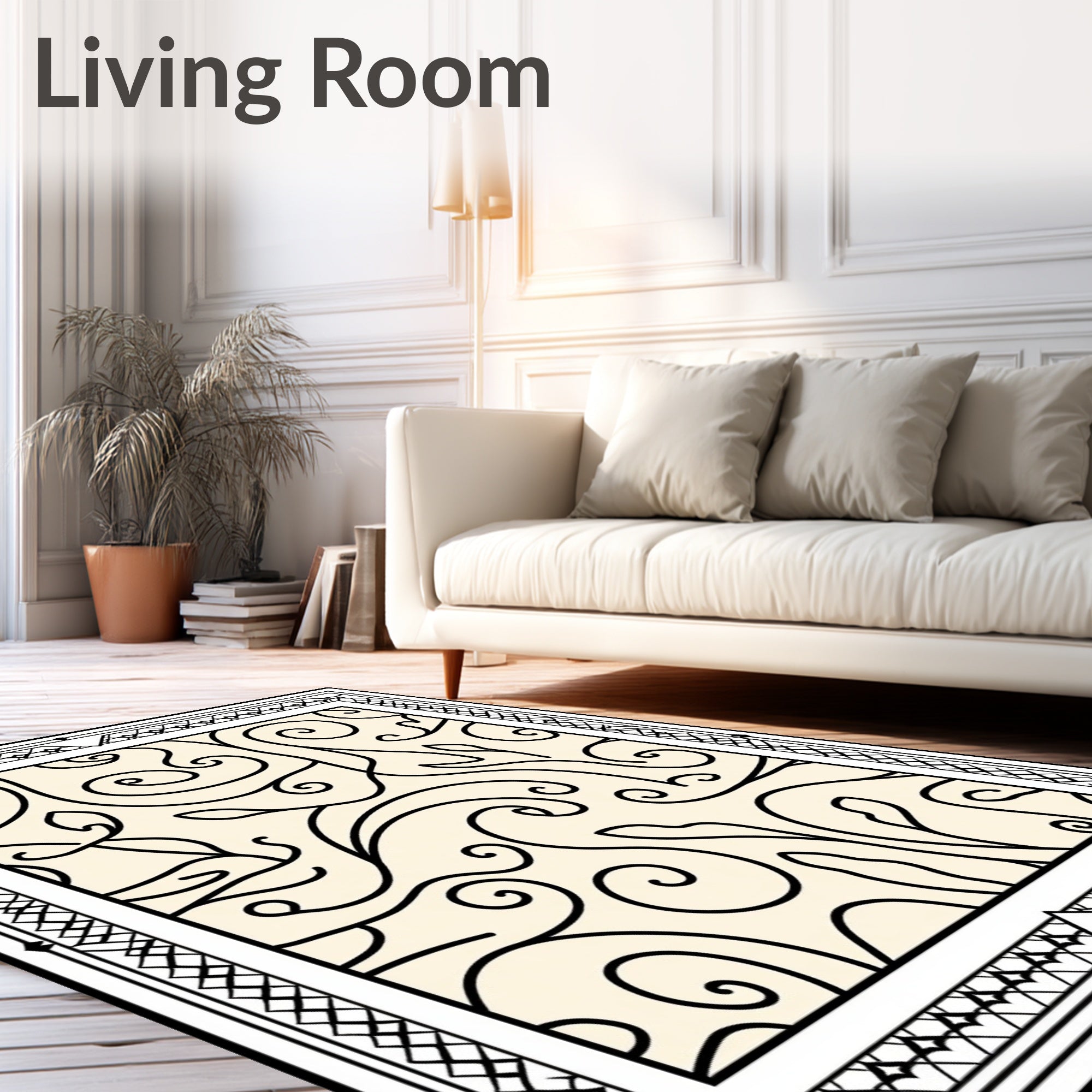 Cream Black Swirl Leaf Scroll Frame Rug