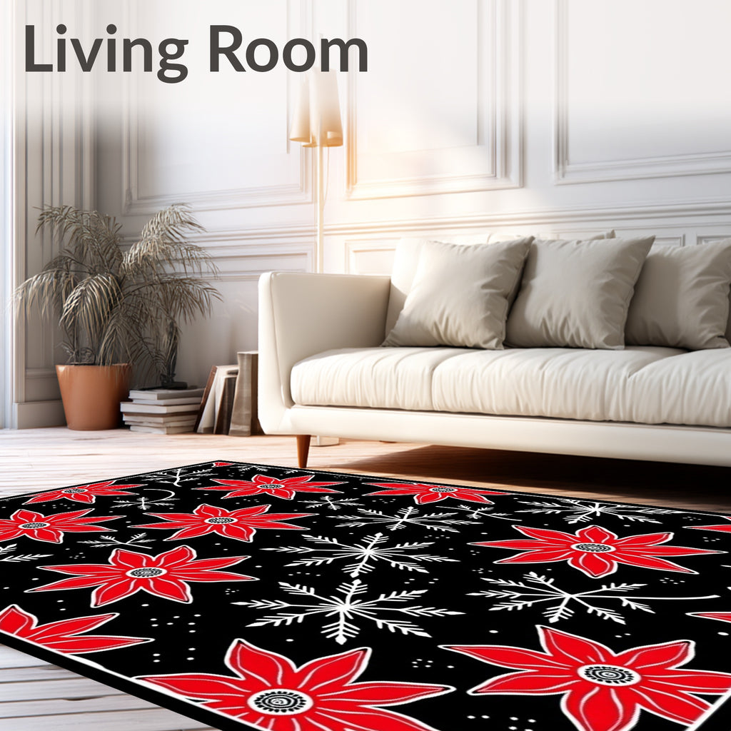 Red Poinsettia Snowflake Starry Night Rug