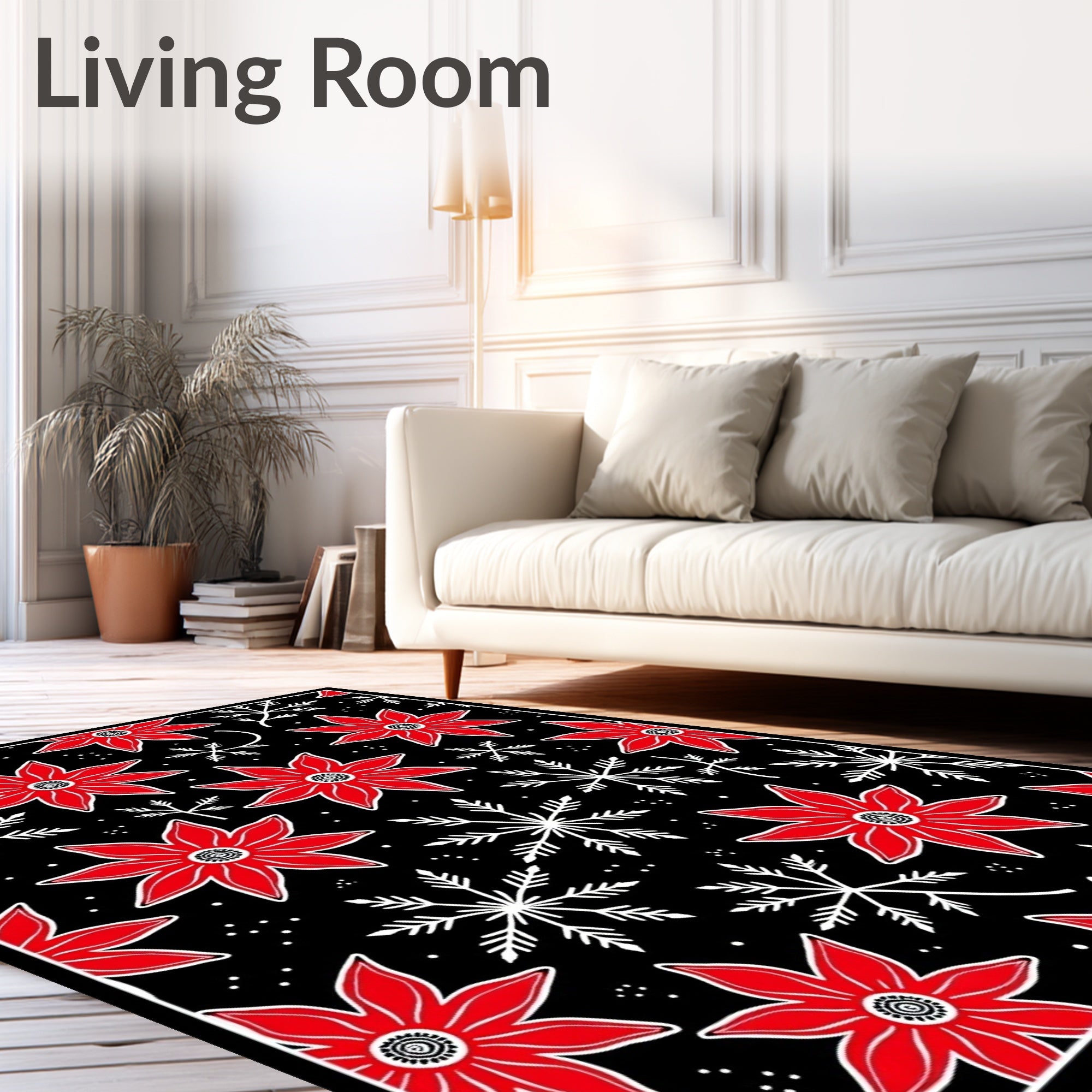 Red Poinsettia Snowflake Starry Night Rug