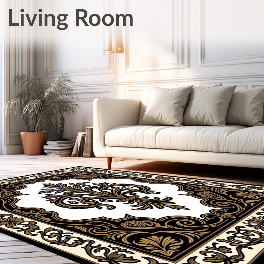 Elegant Black Gold Fleur-de-lis Medallion Rug