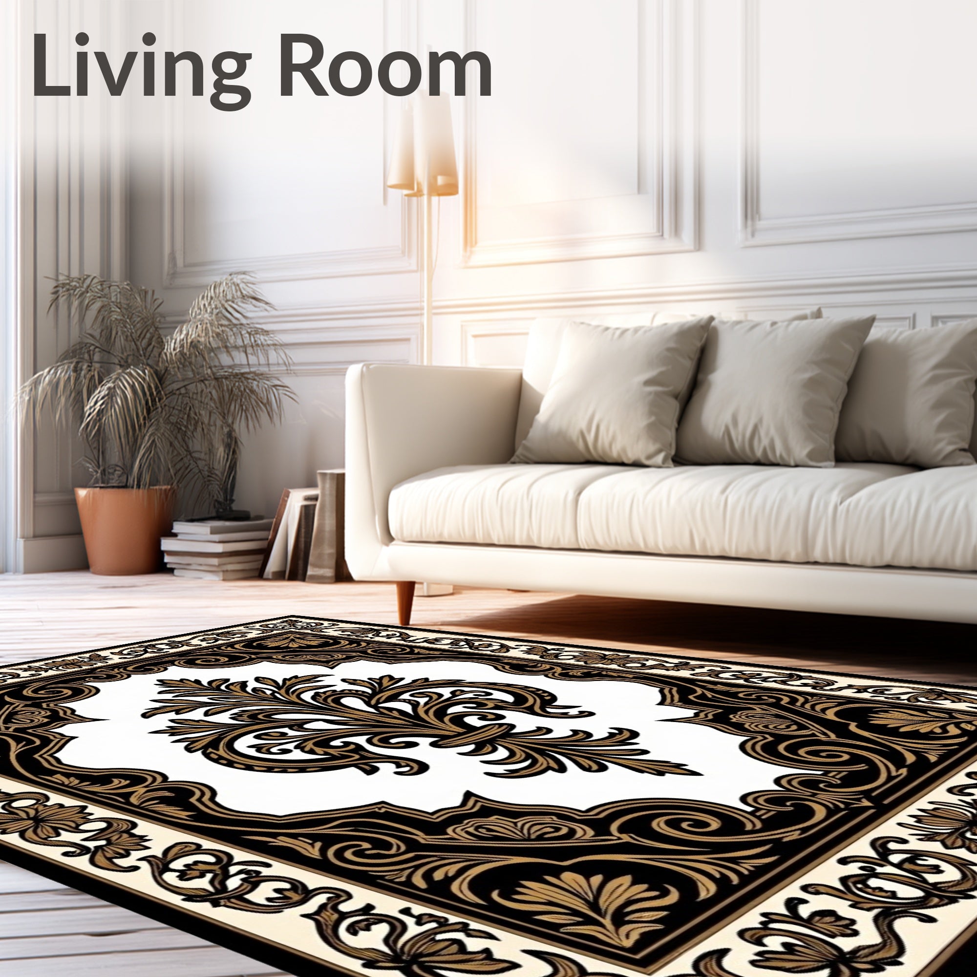 Elegant Black Gold Fleur-de-lis Medallion Rug