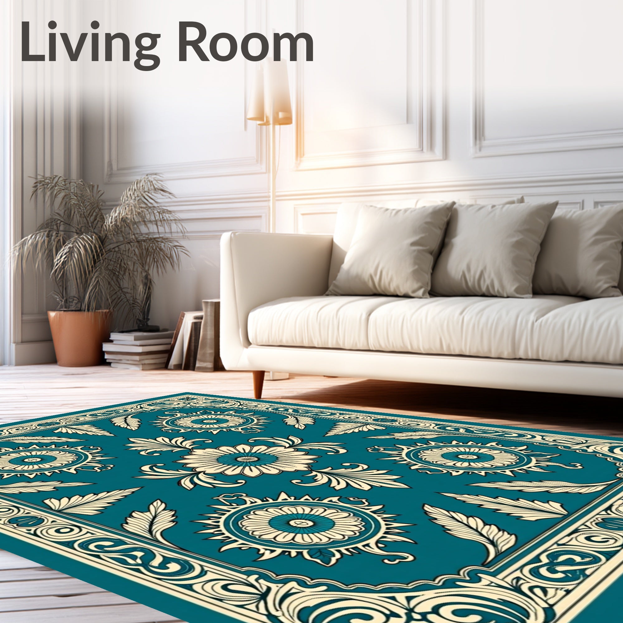 Teal and Cream Floral Border Rug