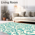 Teal Aqua Floral Damask Swirls Rug