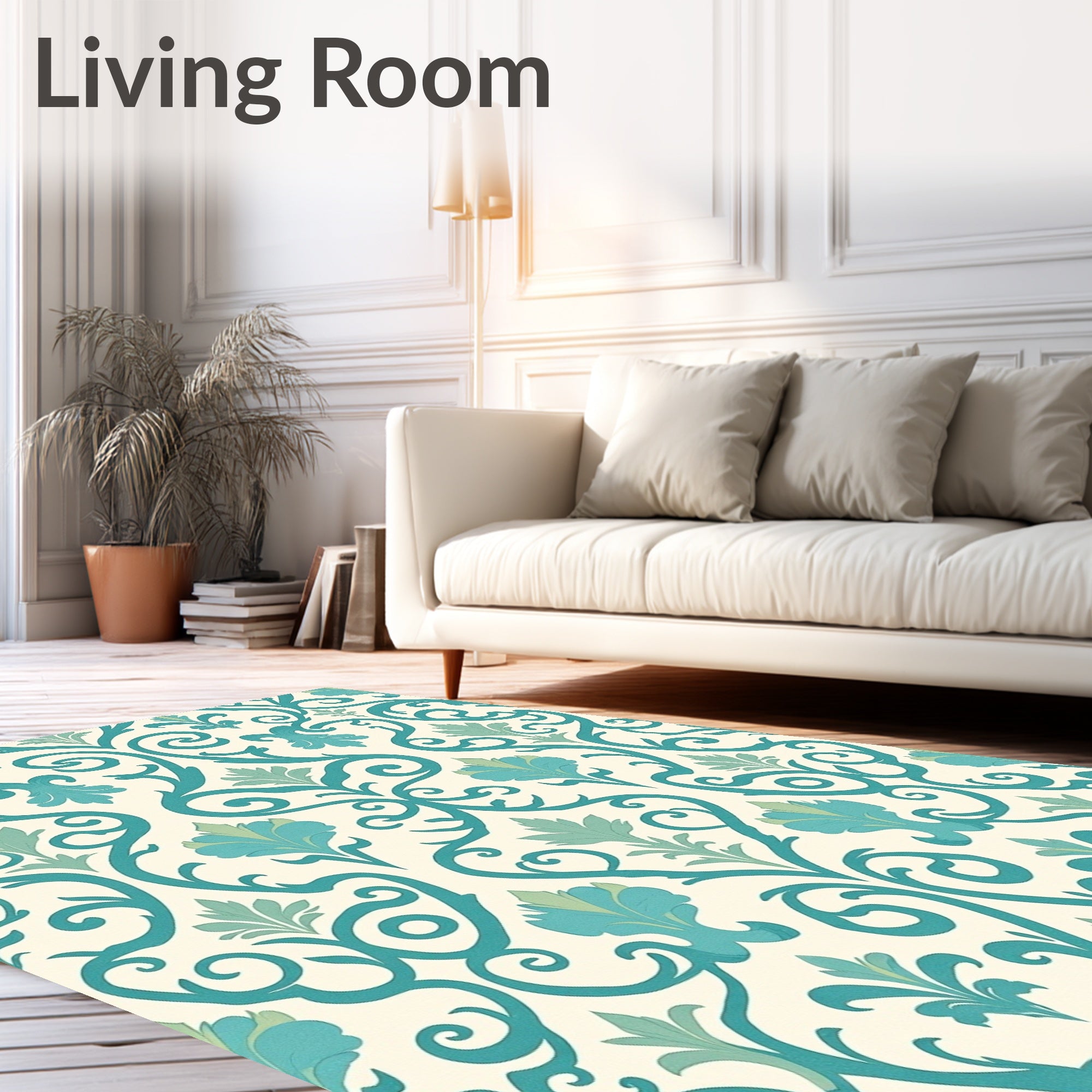 Teal Aqua Floral Damask Swirls Rug