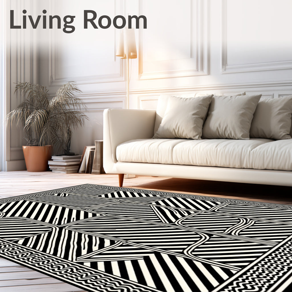 Black White Abstract Geometric Lines Rug