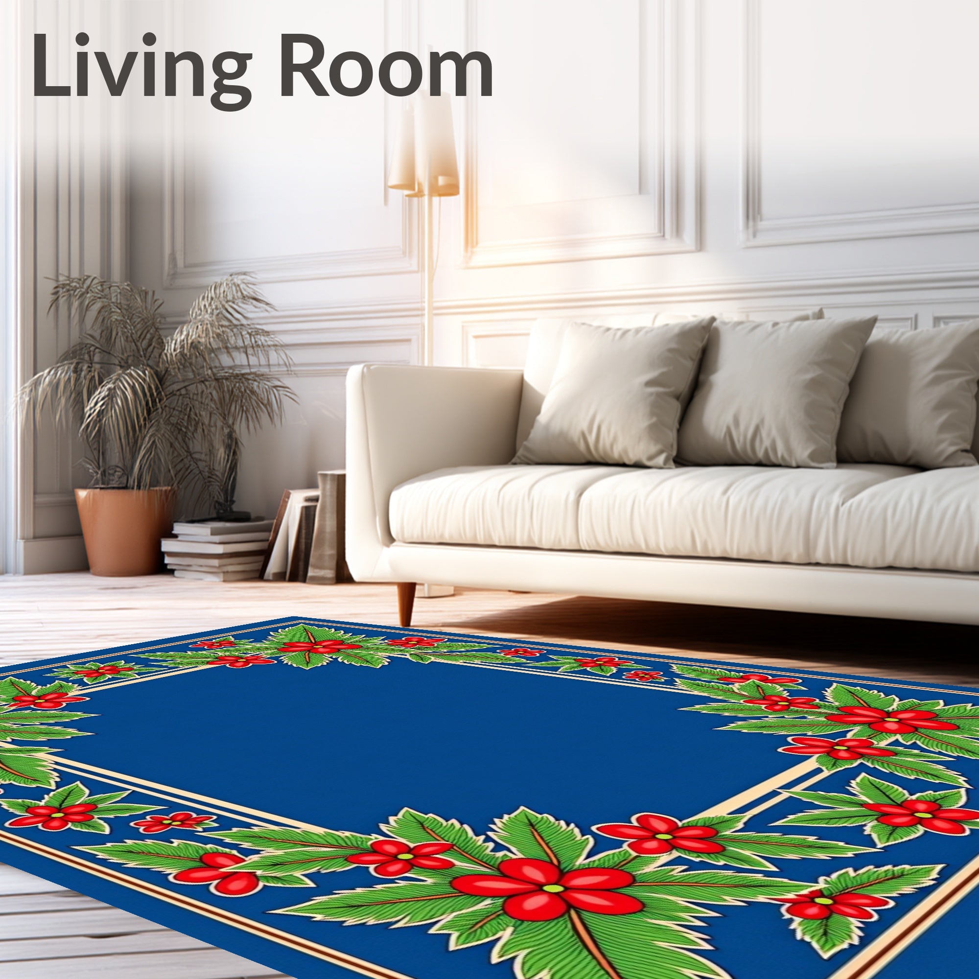 Crimson Floral Tropical Leaf Border Rug