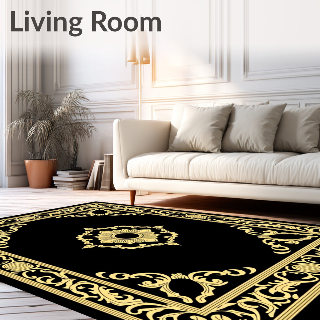 Golden Floral Medallion Black Background Rug