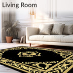 Golden Floral Medallion Black Background Rug