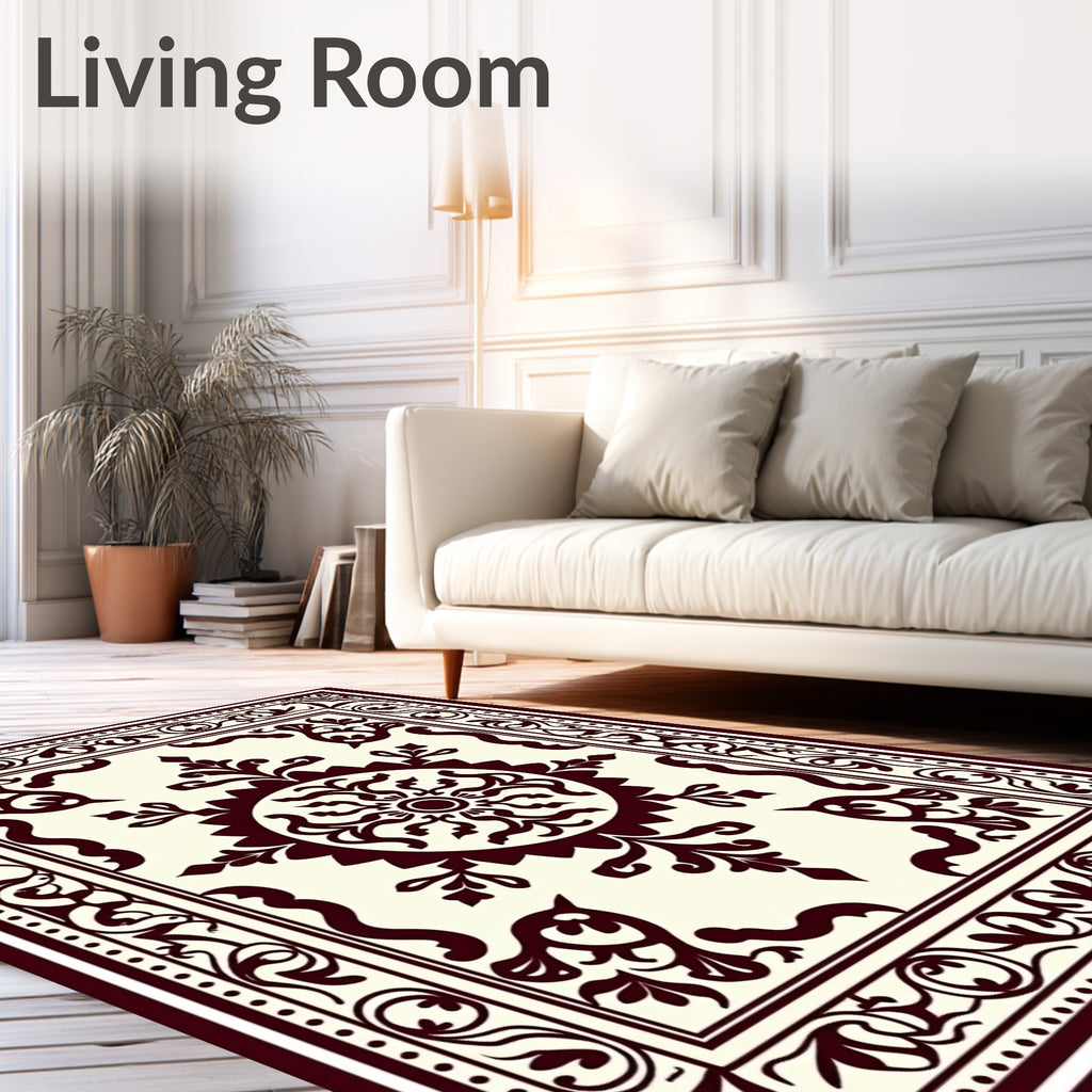 Maroon Off-White Floral Medallion Border Rug