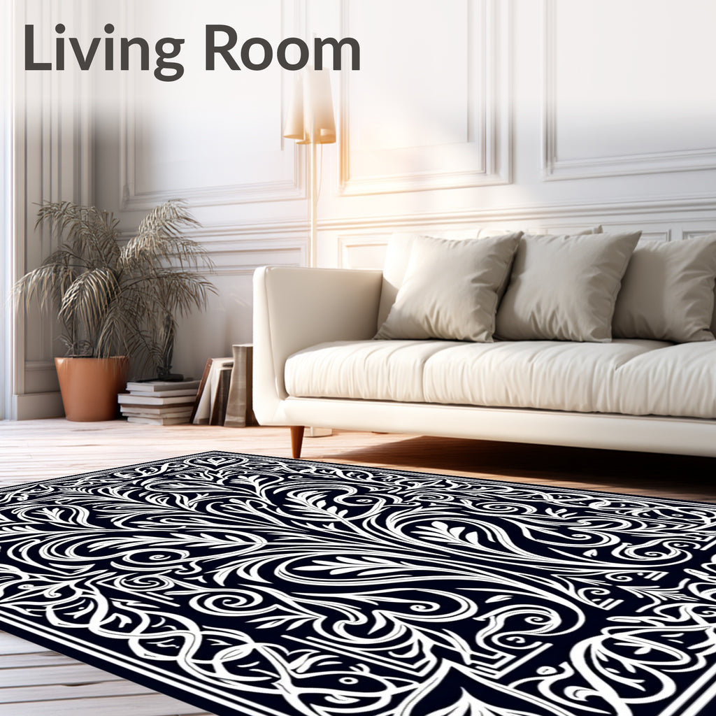 Dark Navy White Baroque Scroll Foliage Rug