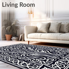 Dark Navy White Baroque Scroll Foliage Rug