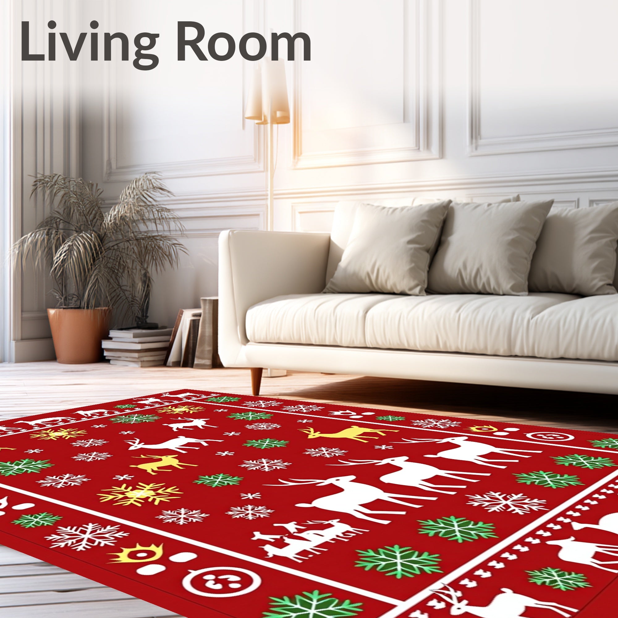 Red Reindeer Snowflake Holiday Scene Rug
