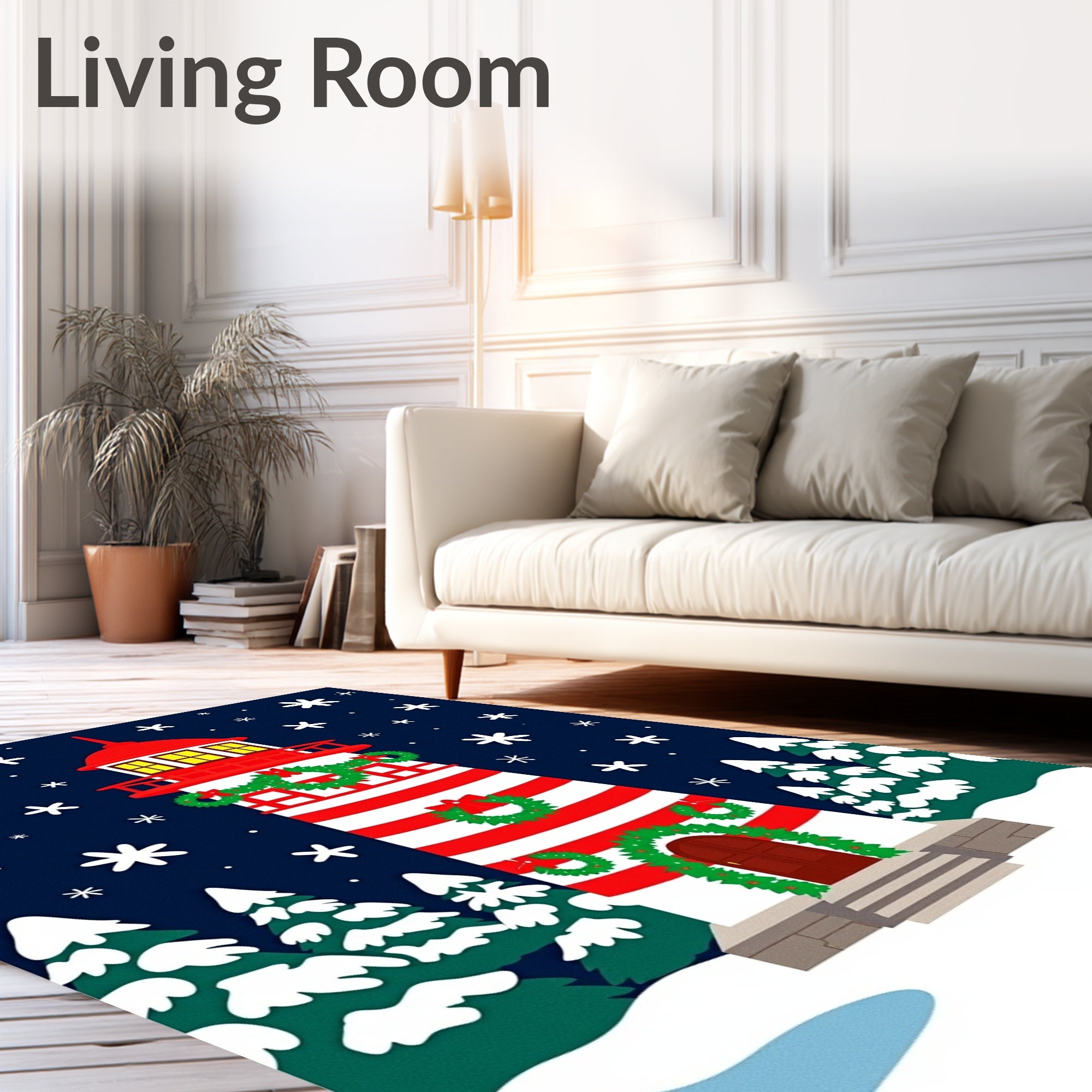 Red White Striped Lighthouse Snowscape Wreath Rug