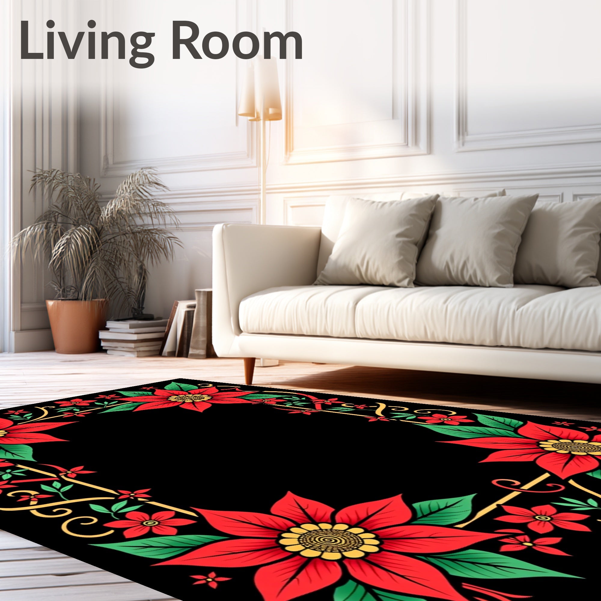 Red Poinsettia Floral Frame Rug