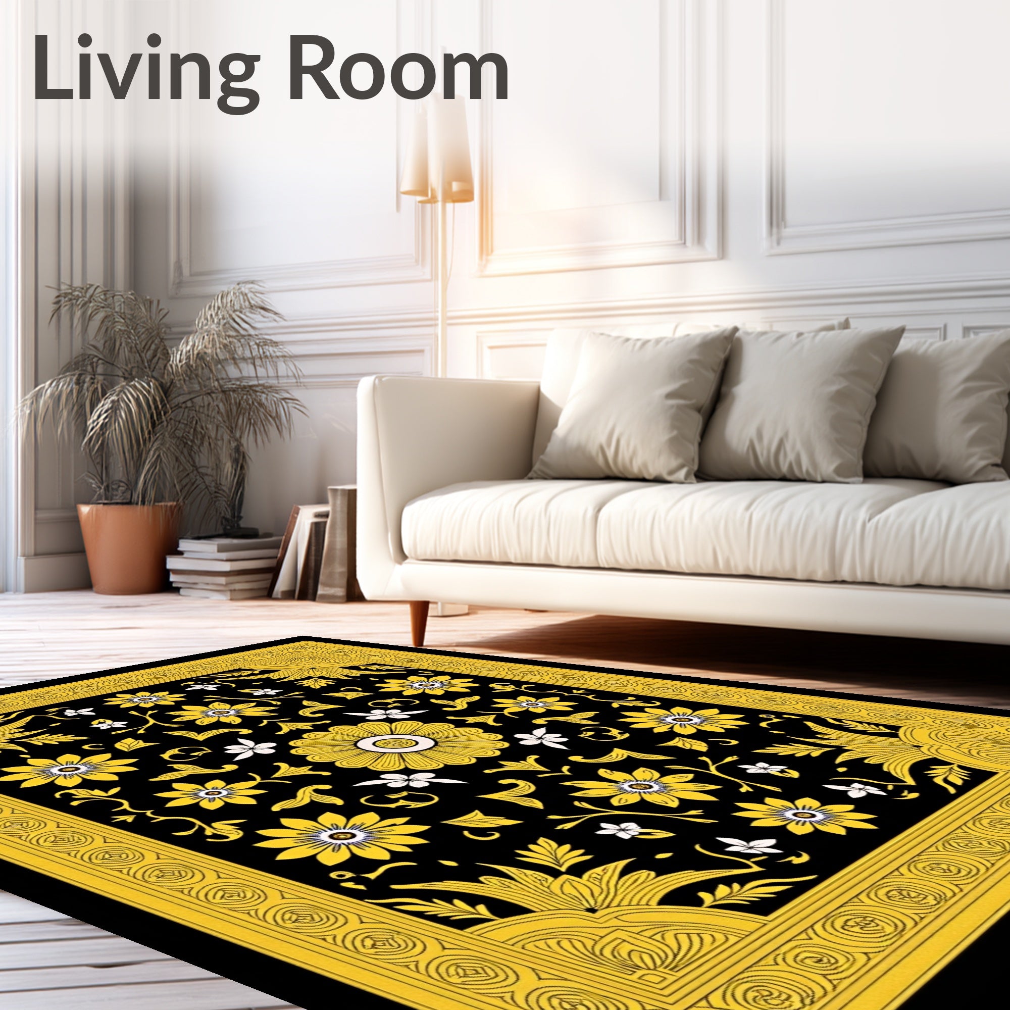 Classic Black and Yellow Floral Medallion Rug