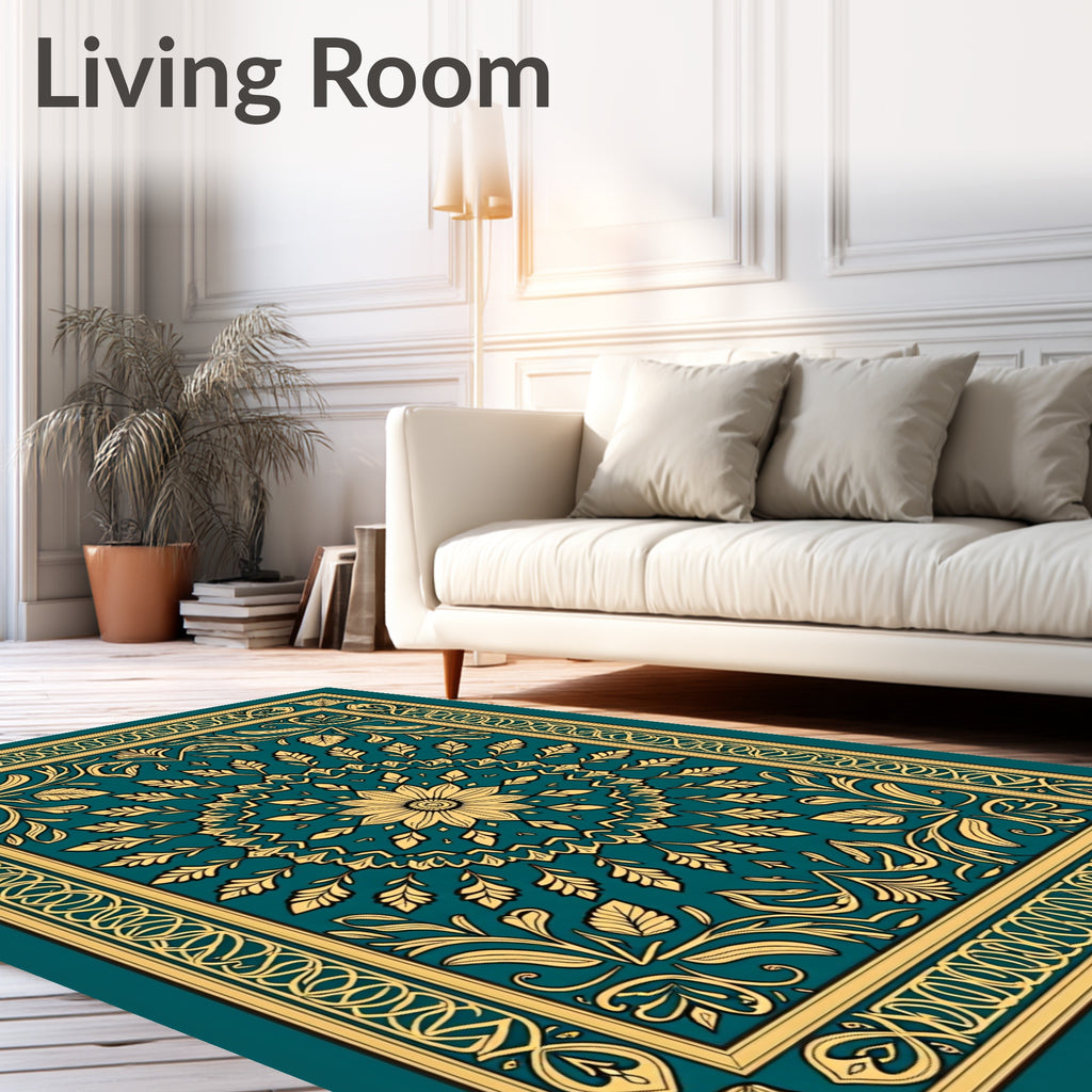 Teal and Gold Floral Medallion Tapestry Rug