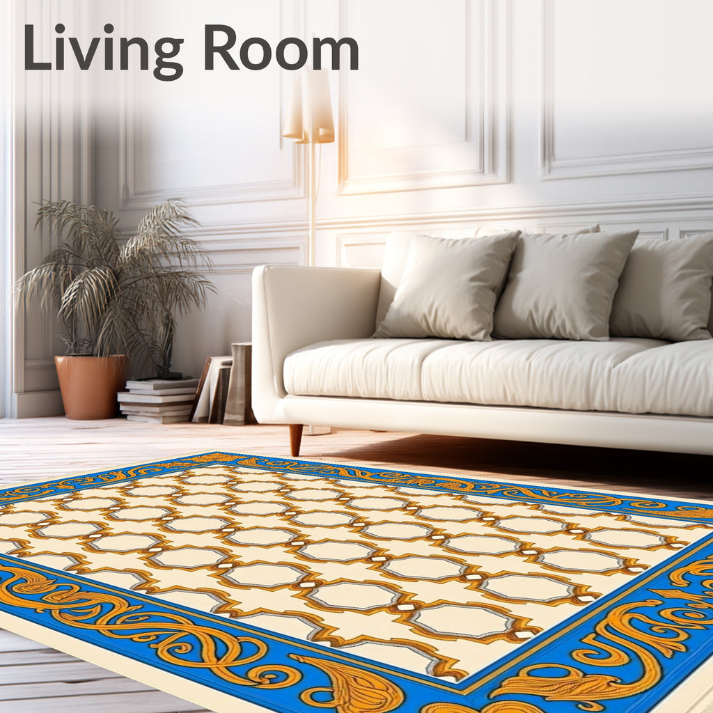Vibrant Geometric Octagon Blue Gold Rug