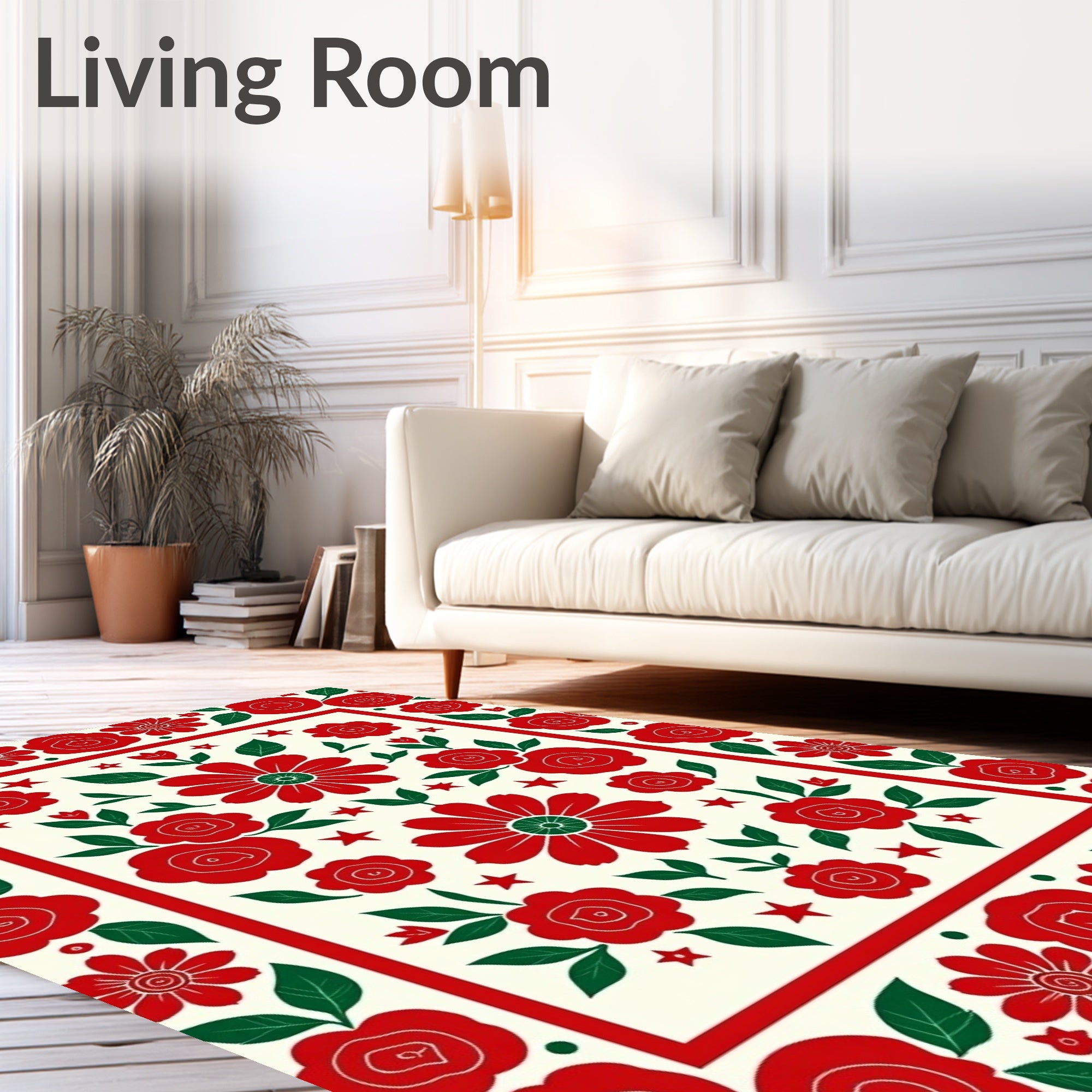 Bold Red Floral Border With Green Accents Rug