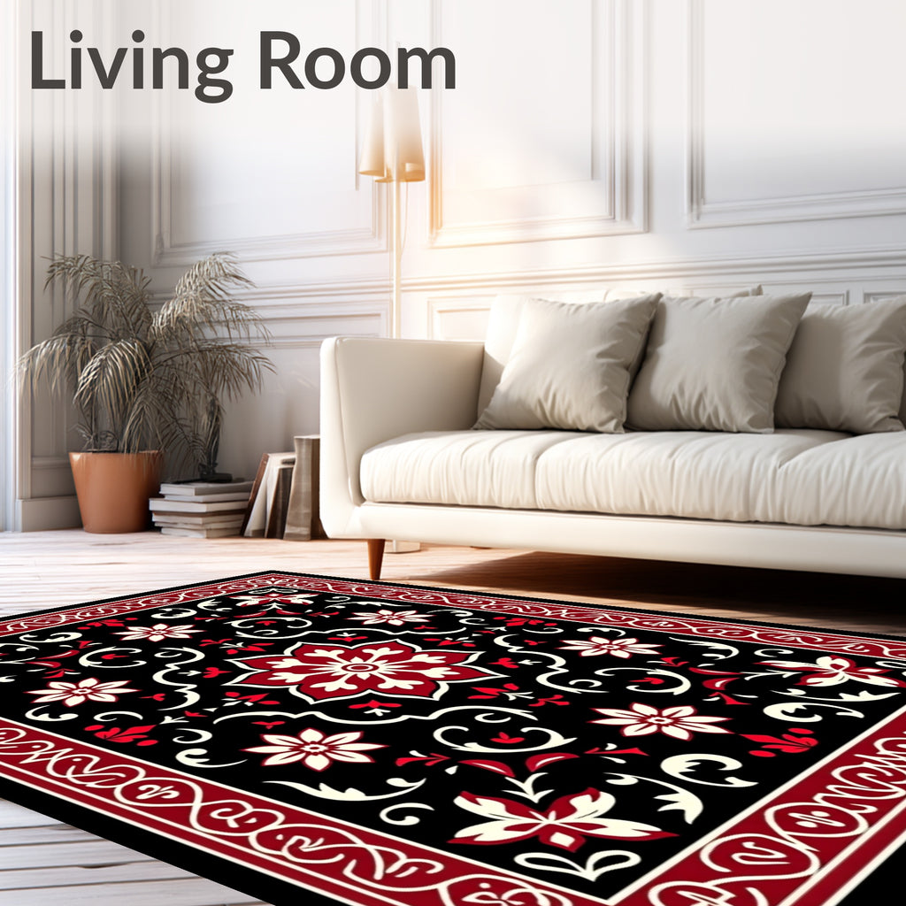 Black Red Floral Medallion Border Rug