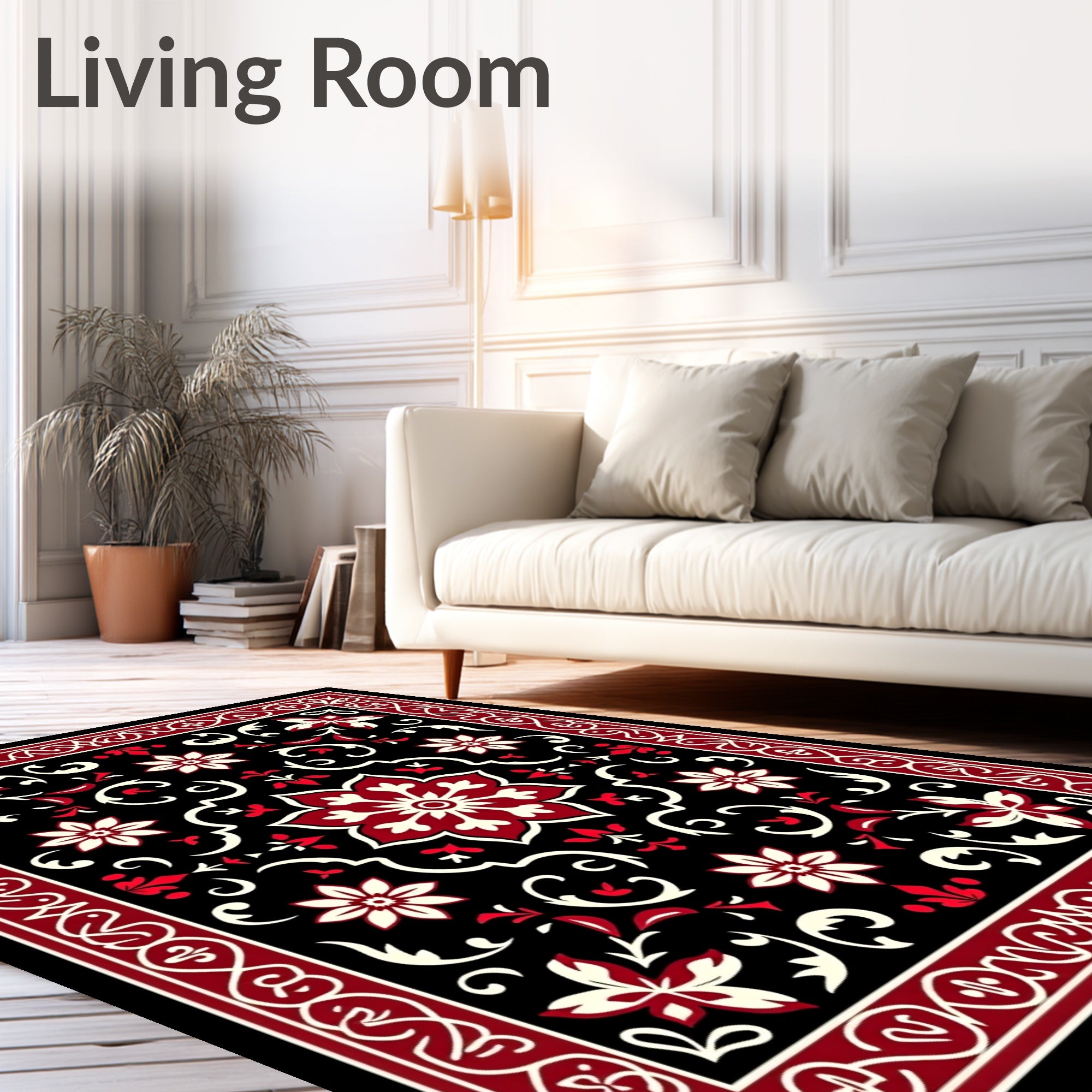 Black Red Floral Medallion Border Rug