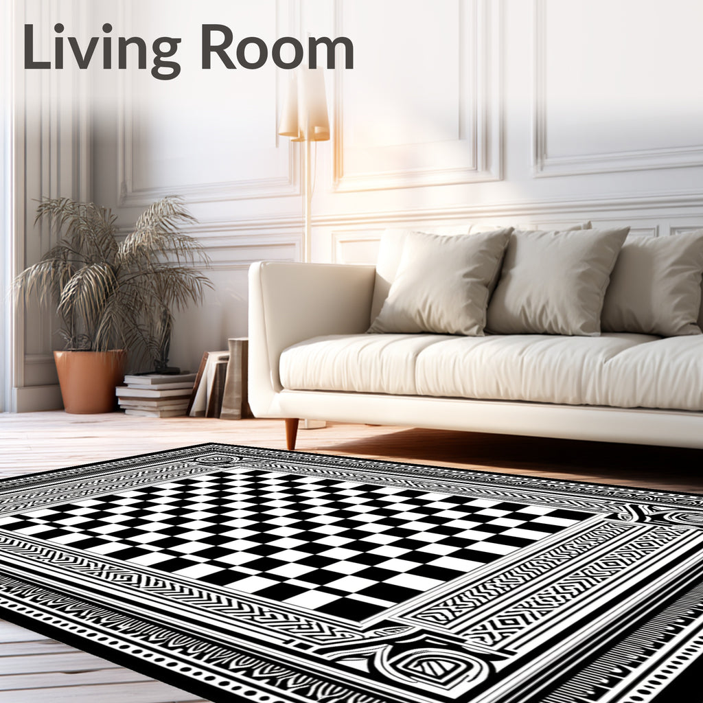 Monochrome Checkerboard Tribal Border Rug