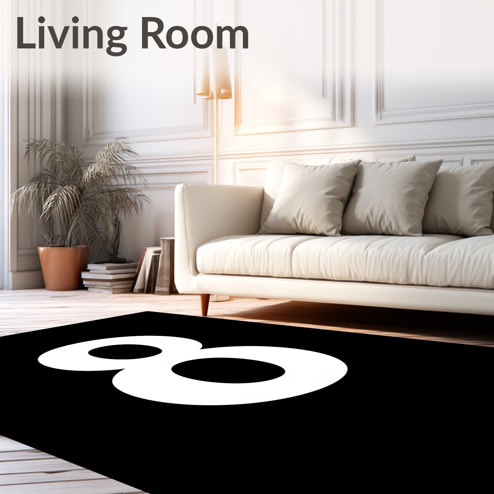 Bold White Number Eight Black Background Rug