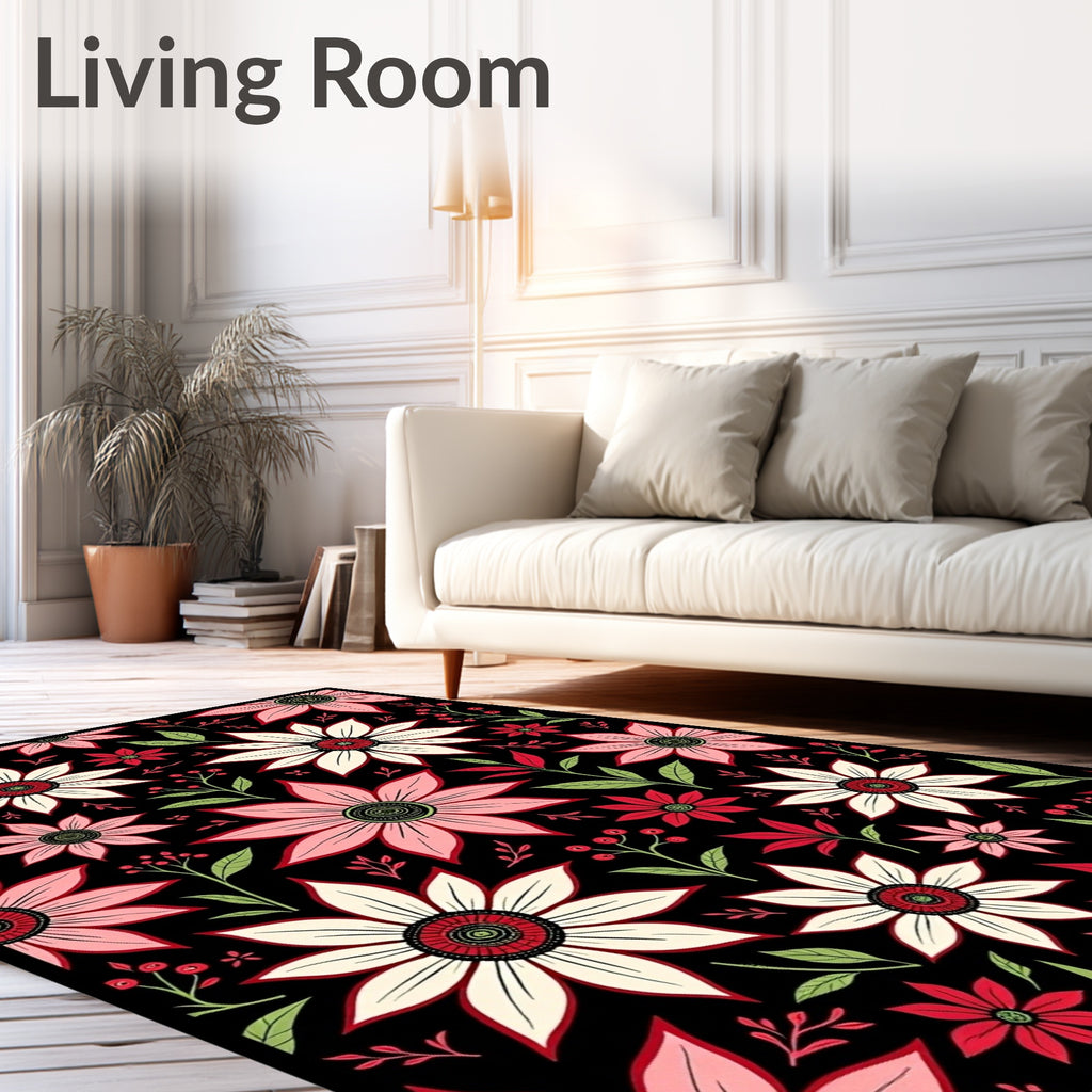 Bold Floral Botanical Red White Rug