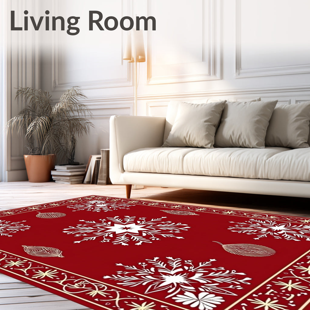 Crimson White Snowflakes Ornate Border Rug