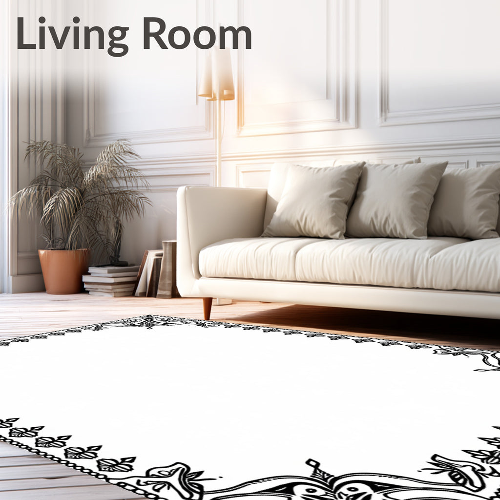 Elegant Black Ornate Floral Border Rug