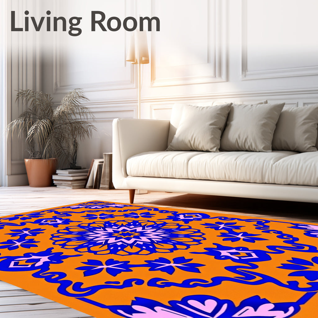Vibrant Blue Orange Floral Medallion Rug