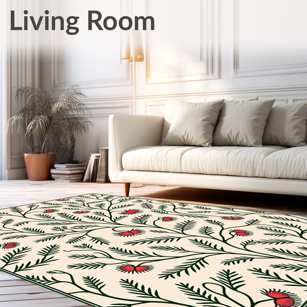 Crimson Floral Fern Branch Rug
