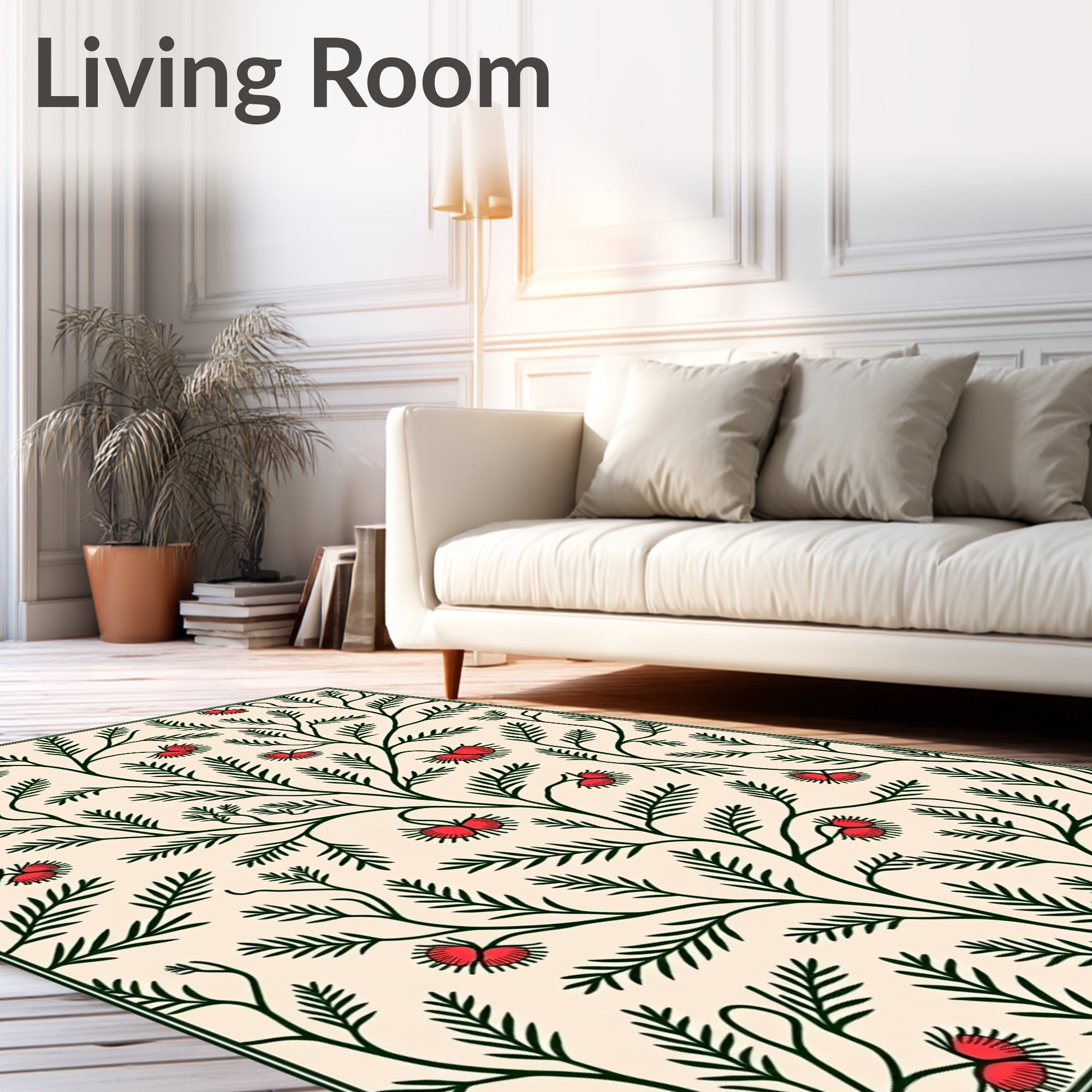 Crimson Floral Fern Branch Rug