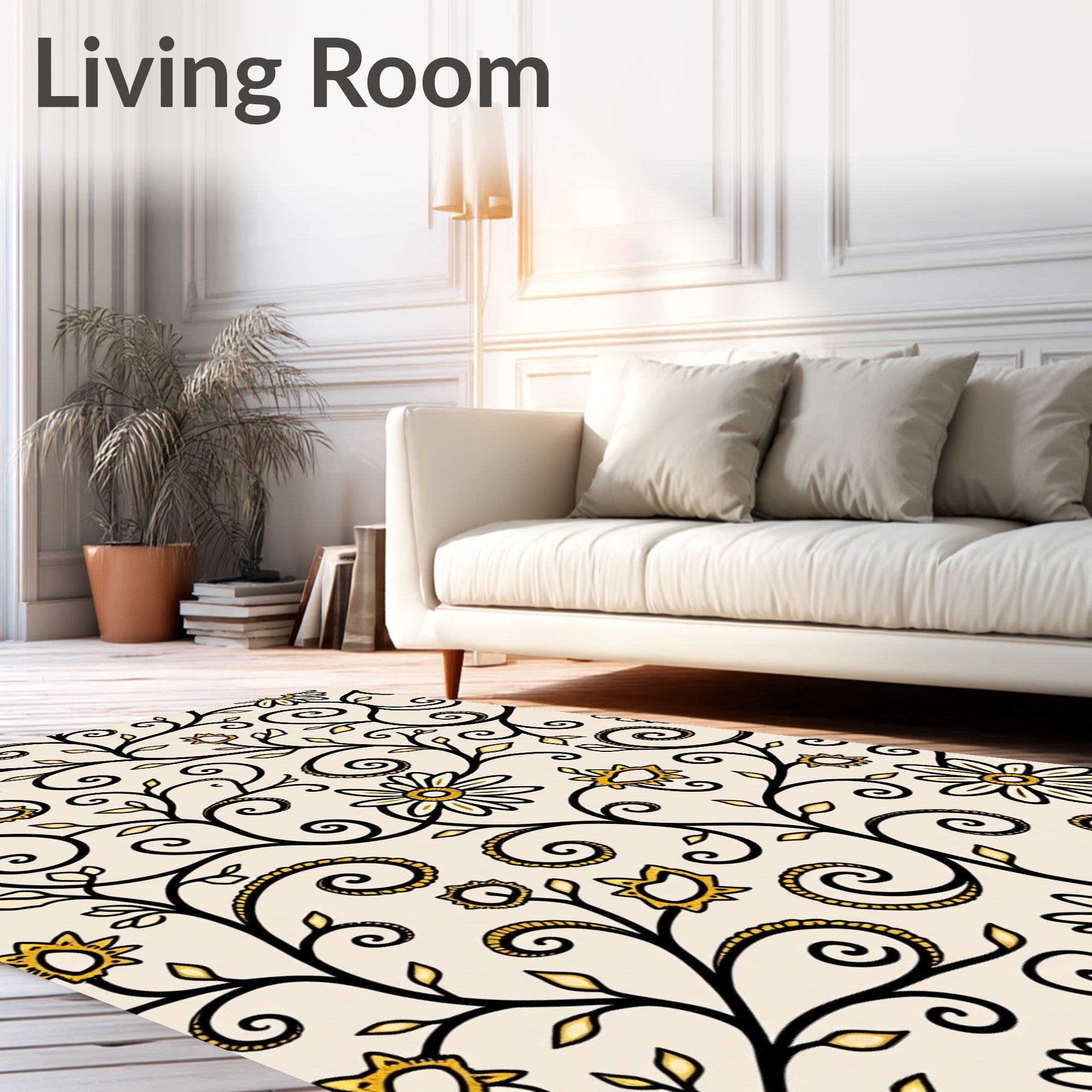 Cream and Gold Floral Vines Rug