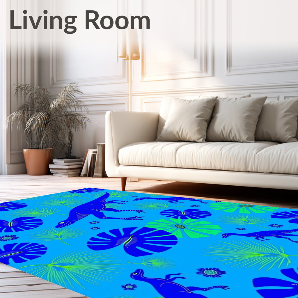 Blue Green Dinosaur Tropical Foliage Rug