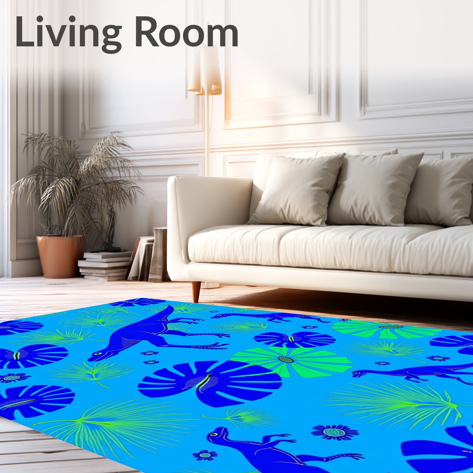 Blue Green Dinosaur Tropical Foliage Rug