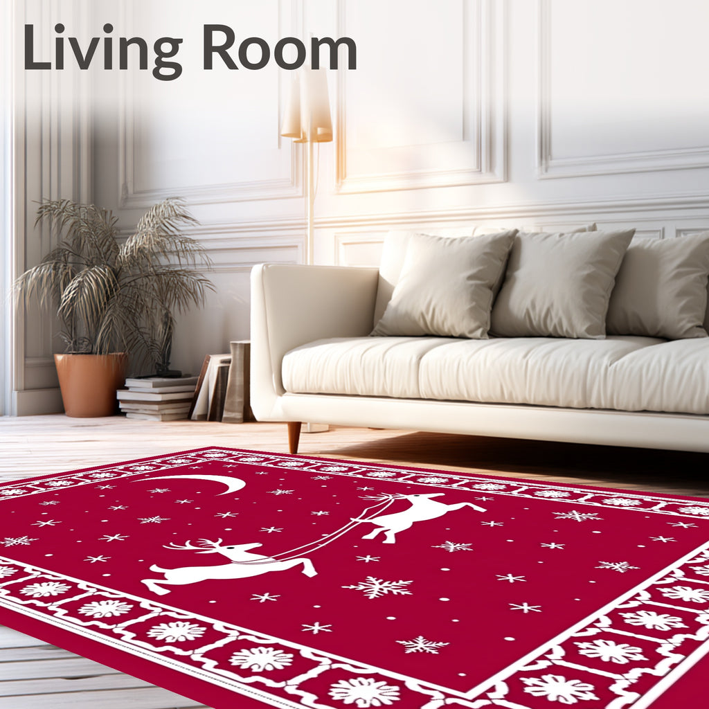Christmas Red Sleigh Reindeer Crescent Moon Rug
