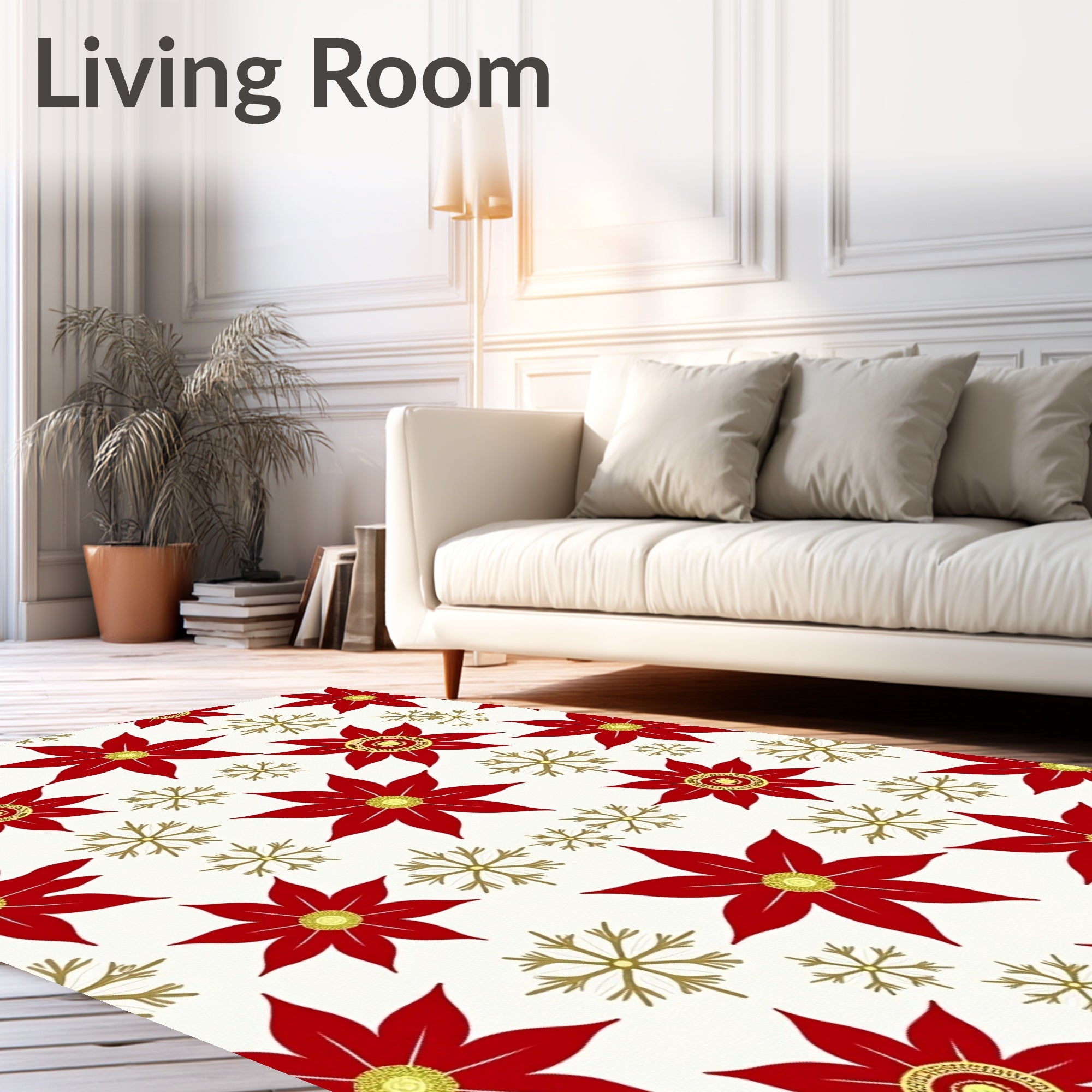 Crimson poinsettias gold snowflakes scattered Rug
