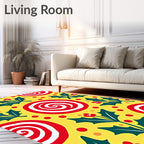 Festive Yellow Holly Swirls Polka Dots Rug
