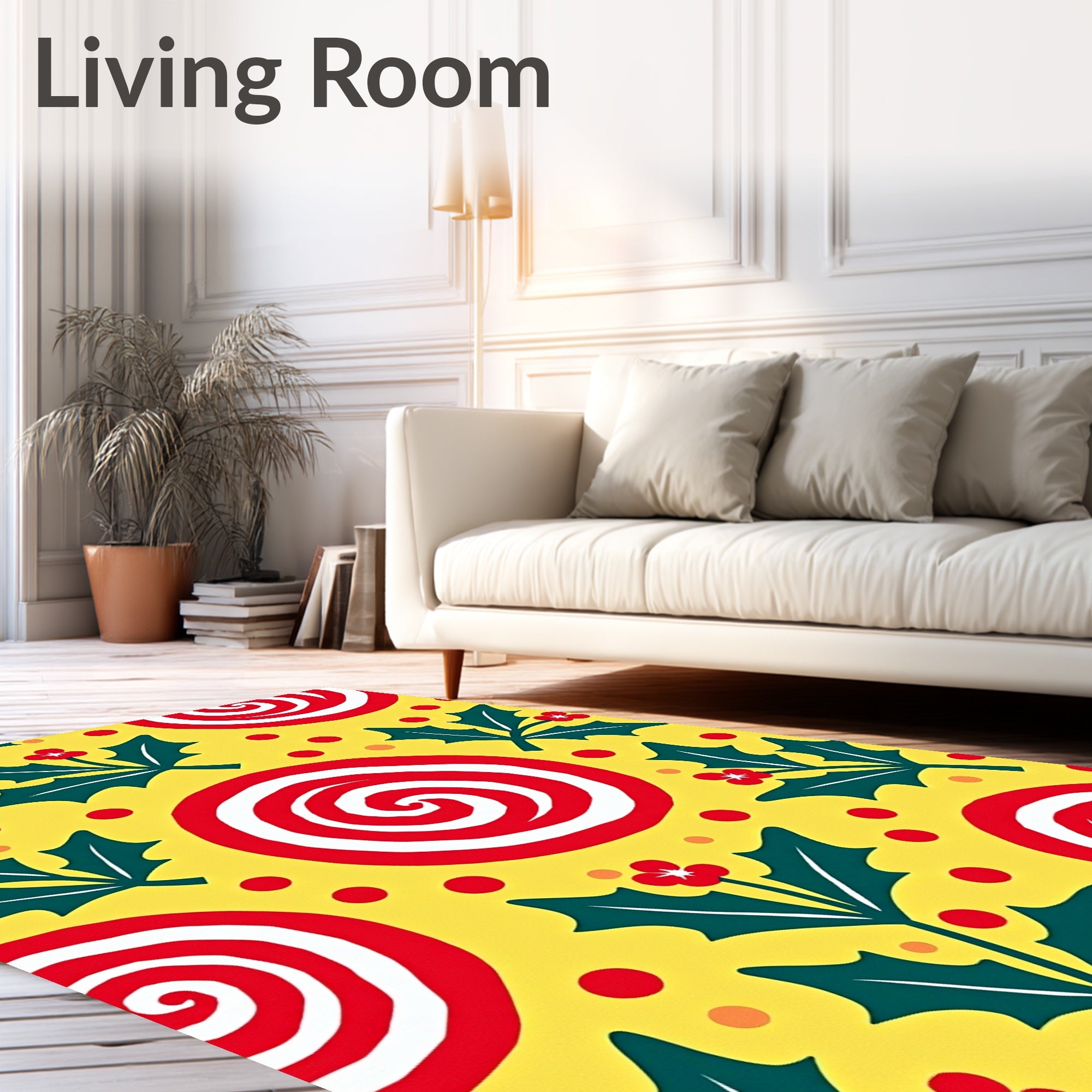 Festive Yellow Holly Swirls Polka Dots Rug