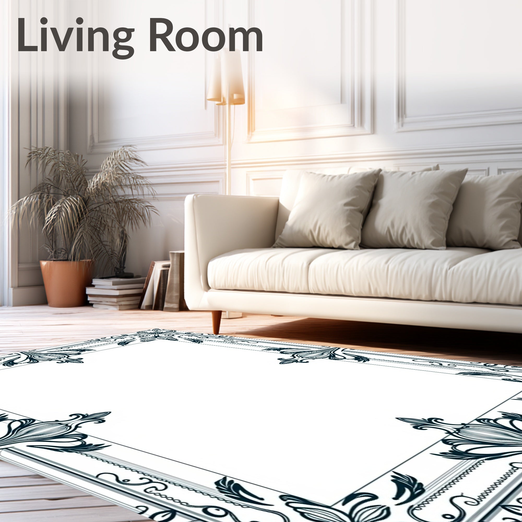Dark Teal Scrollwork Floral Frame Rug