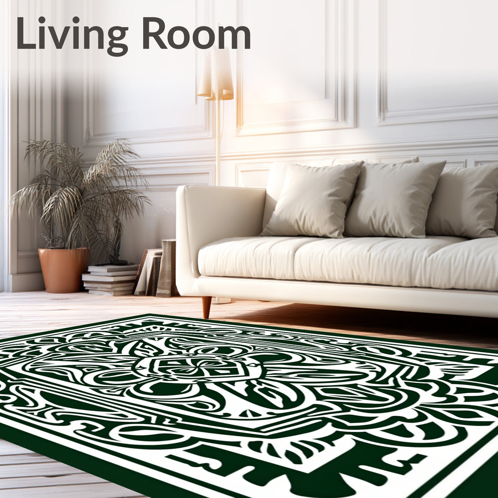 Dark Green Ornate Floral Crest Rug