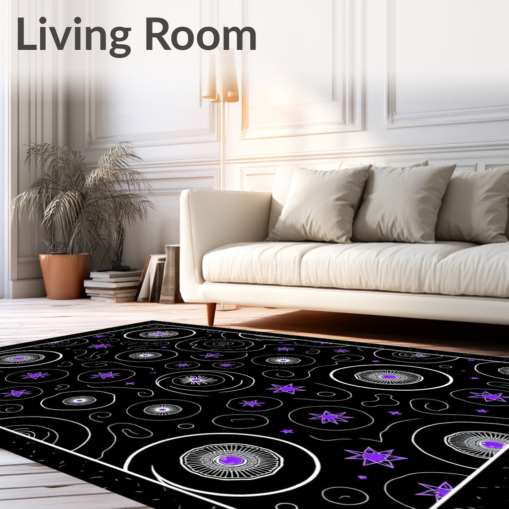 Purple Starburst Circles Black Rug