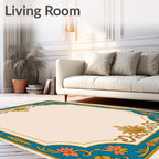 Teal Coral Gold Floral Medallion Border Rug