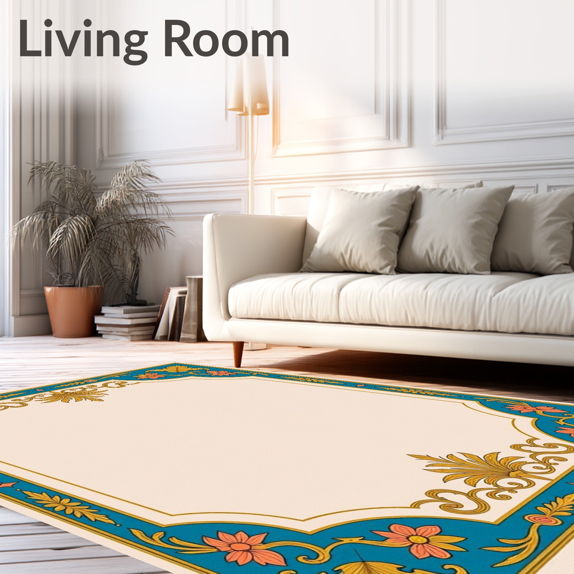 Teal Coral Gold Floral Medallion Border Rug
