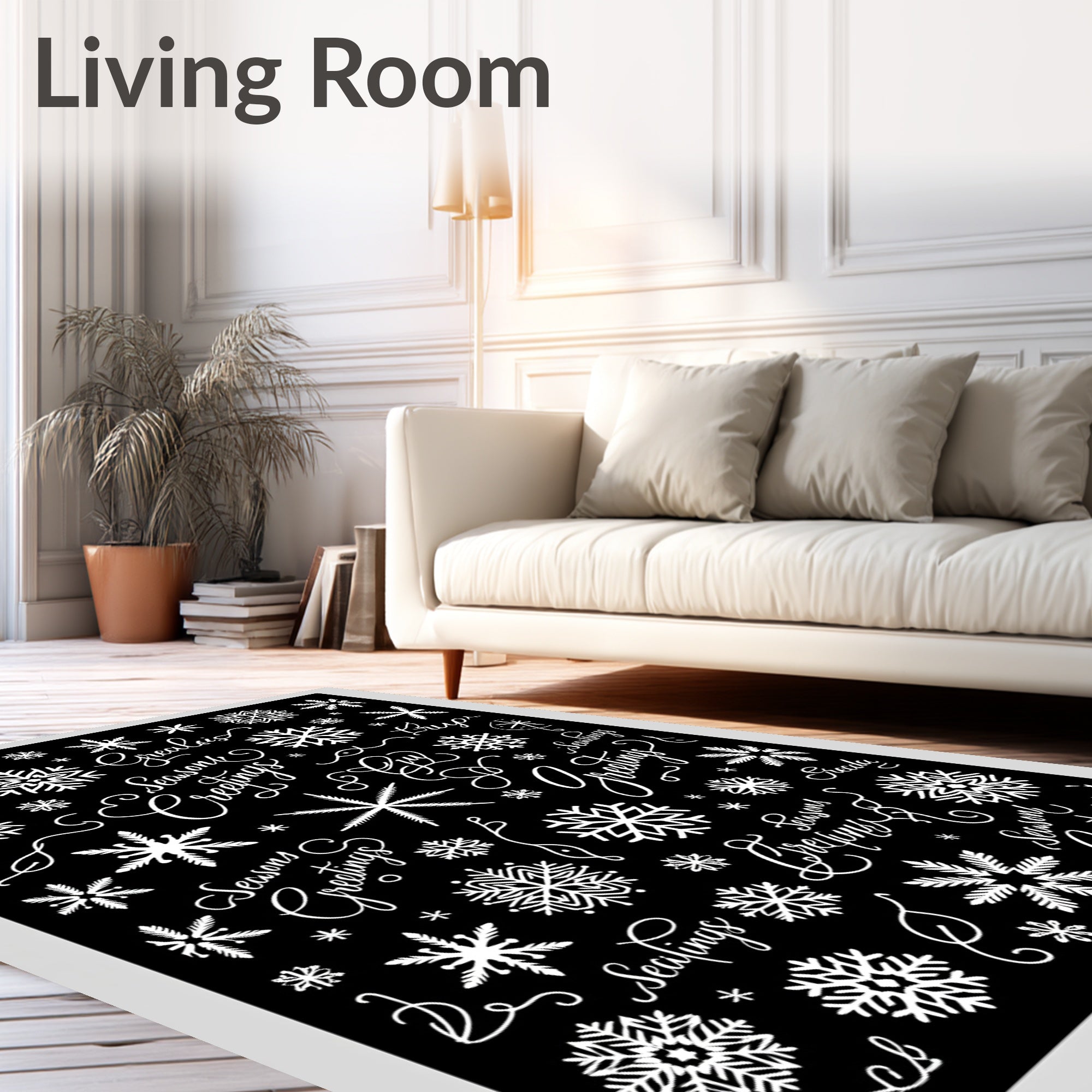White Snowflakes Greetings Calligraphy Rug